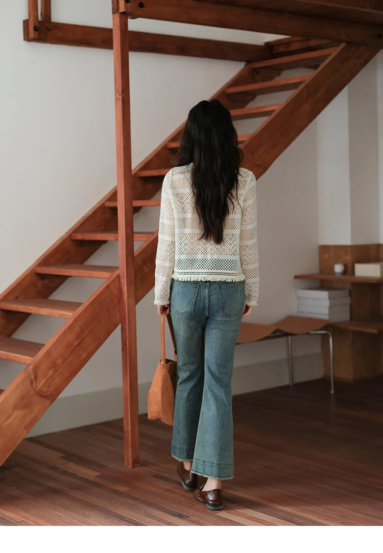 MISHOW Bohemian Lace Hollow Top for Women 2025 Autumn Hem Tassel Lace Breathable Top Beige White Casual Knitted Tops MXE41X2466