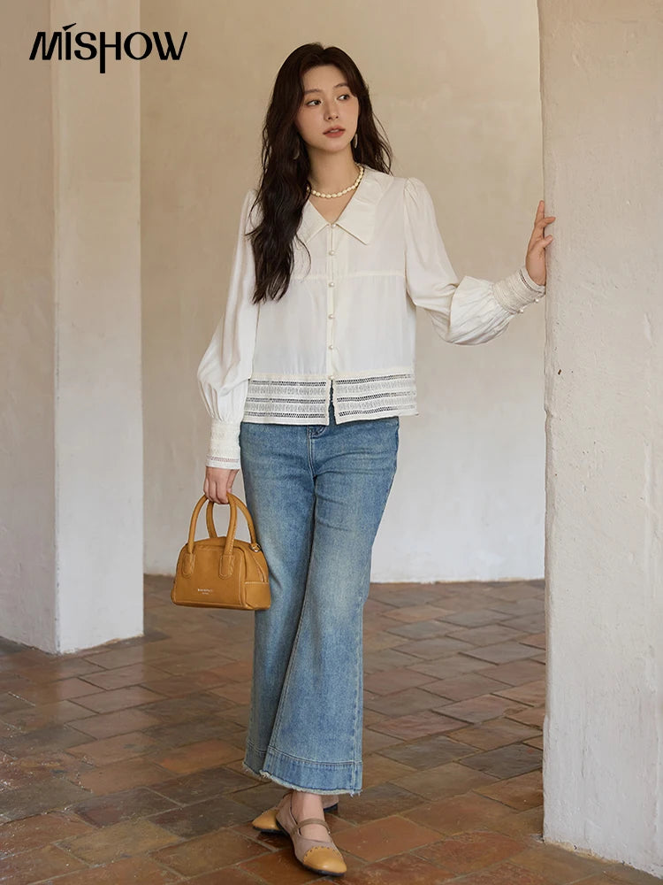 MISHOW Women's French Lace Patchwork Shirt 2025 Autumn Butterfly Collar Lantern Sleeves Apricot Elegant Commuting Top MXE41C2357