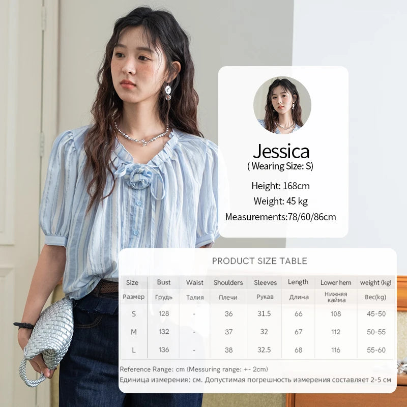 MISHOW Women's Striped Casual Shirt 2025 Summer New Lady Fashion Puff Sleeve V-Neck Button Blue Shirt Female Clothing MXE36X1870