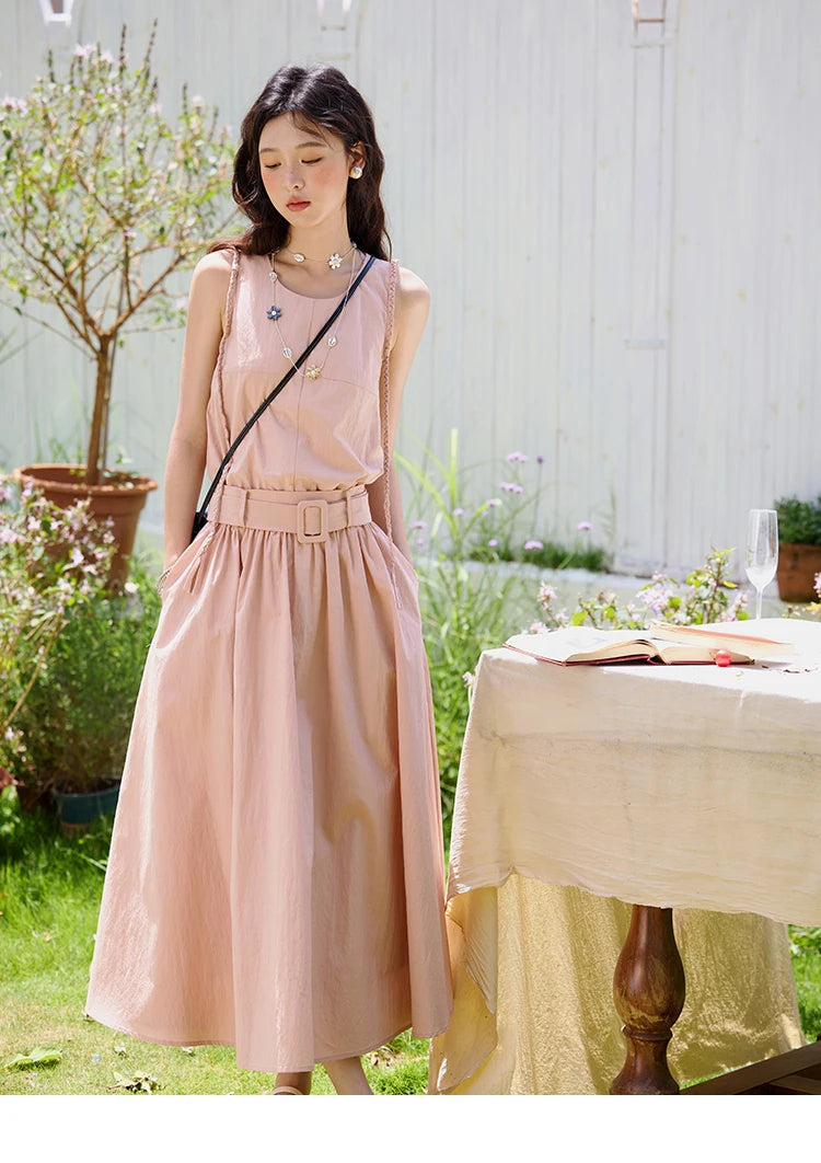 MISHOW Women's Vest Dress 2025 Summer Hand Woven Fried Dough Twists Waist Belt Slim Long Dress A-line Vacation Dress MXE34L2223