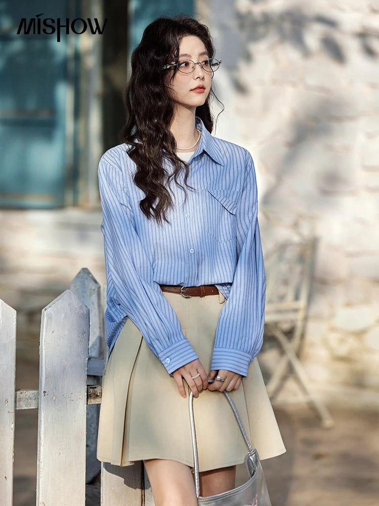 MISHOW Blue Striped Shirt for Women 2025 Spring Versatile Office Lady Tops Pocket Turn-down Collar Long-Sleeve Shirts MXE11C0399