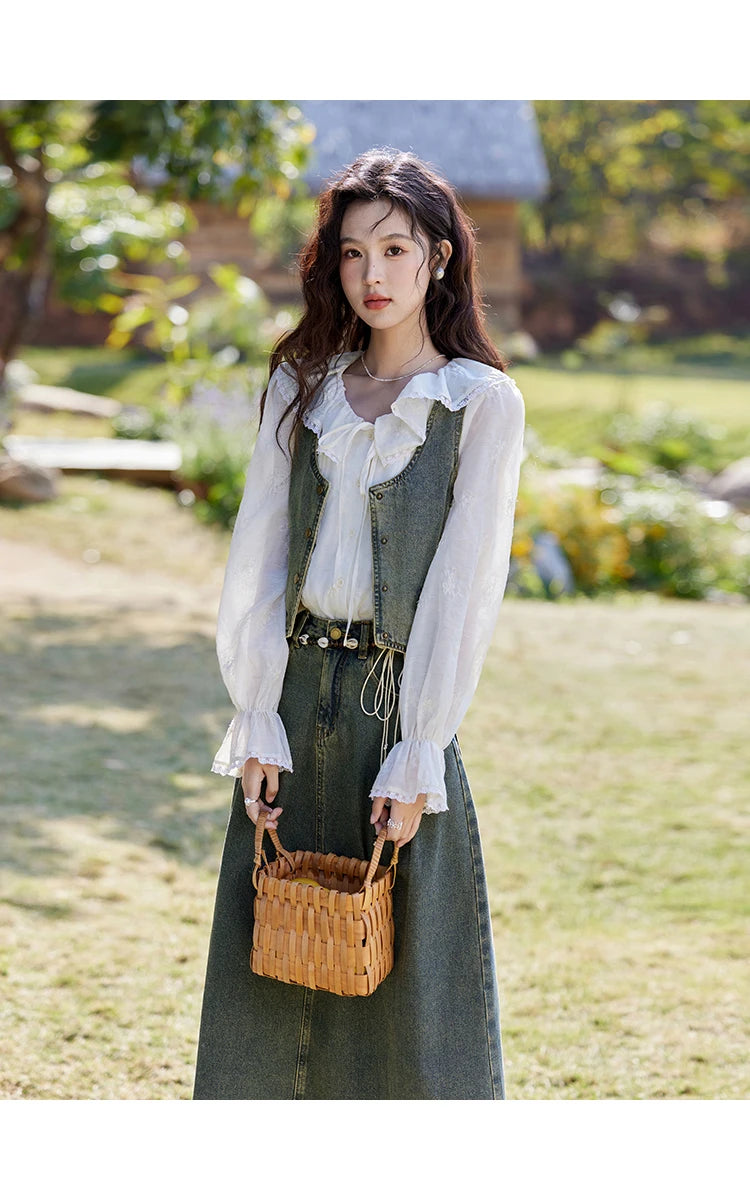 MISHOW Denim Vest Coat Midi Skirt Separately for Women Spring 2025 Korean Retro Washed Cotton Coat Slim A-line Skirt MXE13W0731