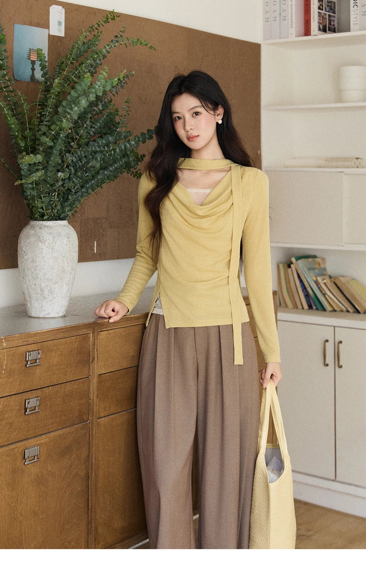 MISHOW Women's Yellow Splicing Lace Long Sleeve Knitted Top Spring Ribbon Draped Collar Casual Slim Thin Sweater MXF108Z1030