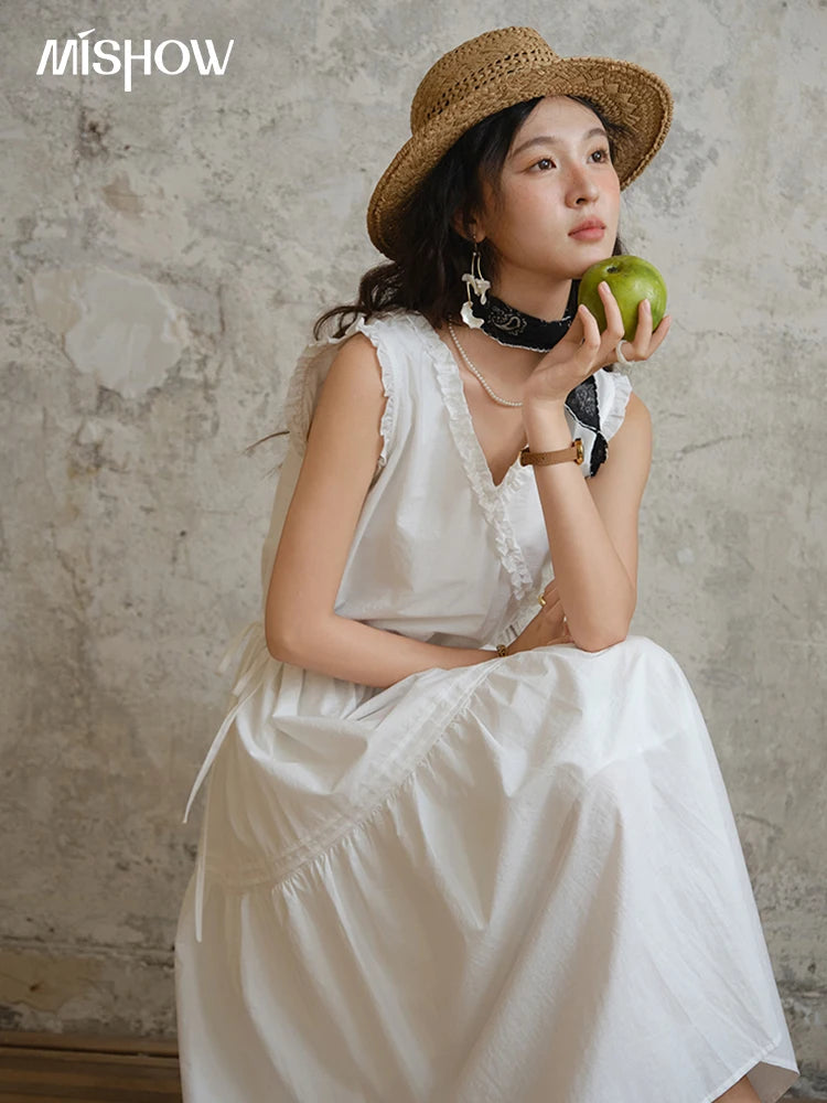 MISHOW Sleeveless Dress for Women Summer 2025 Drawstring Waist Simple Fashion Lace V-neck Dresses Female Clothing MXE37L2331