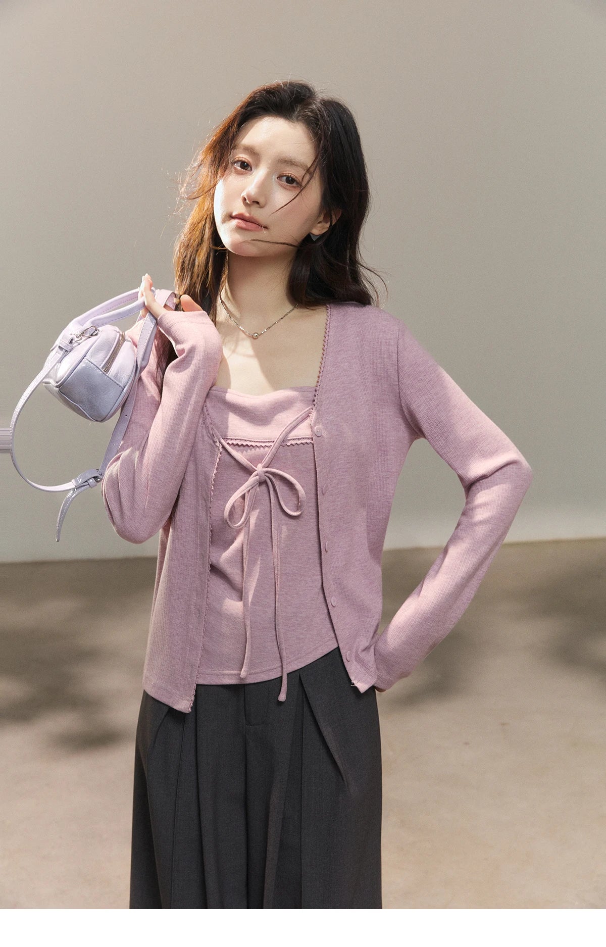 MISHOW Women's Purple Knitted Two-Piece Set 2026 Spring Knitted V-neck Lace-Up Cardigans Camisole Irregular Tops Set MXF13Z2998