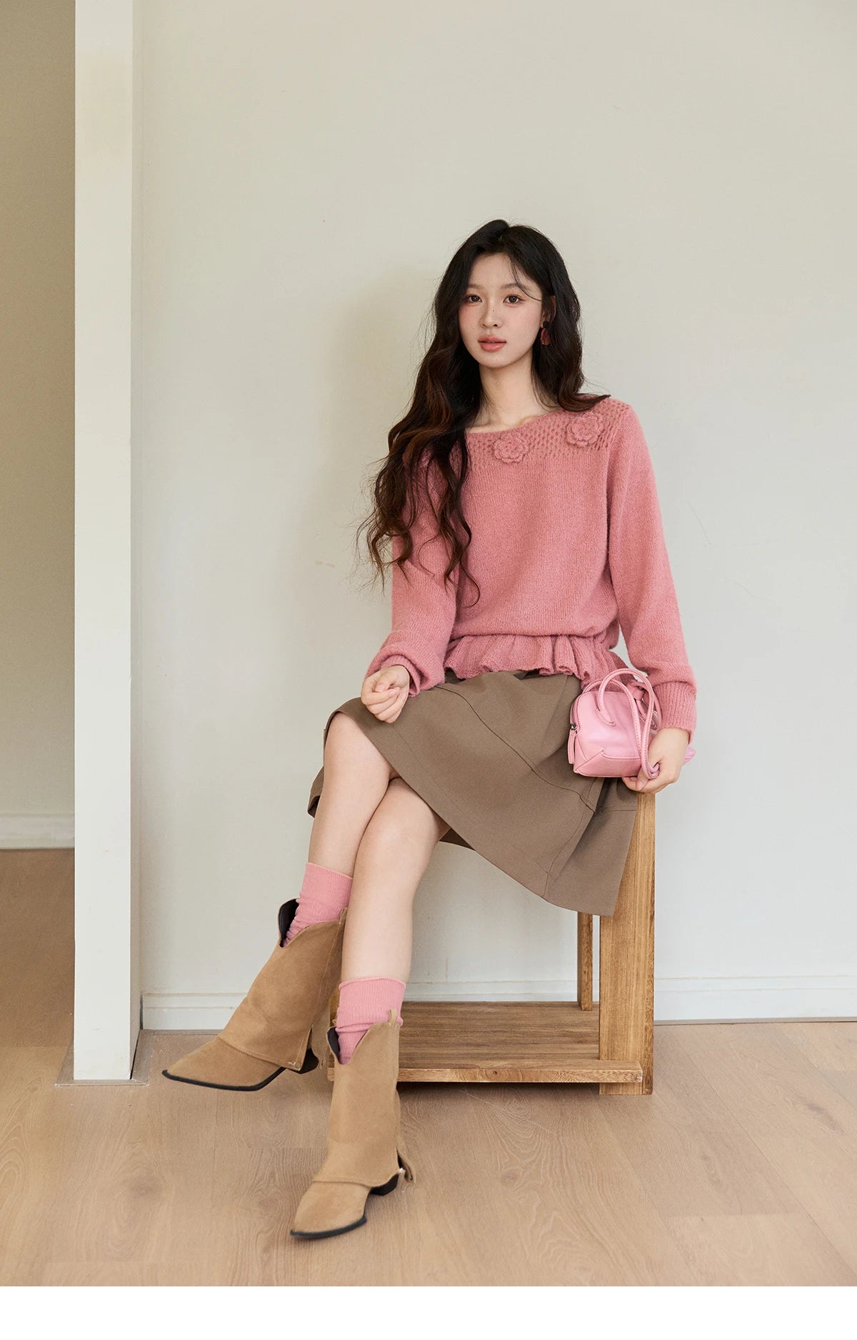 MISHOW Women's Pink Hollow-out Knitwear 2026 Spring Crew Neck Floral Embroidery Sweater Ruffled Hem Casual Loose Top MXE94Z2865