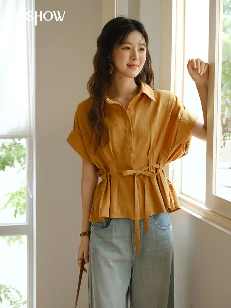 MISHOW Women's Casual Shirt 2025 Summer New Lace Up Button Turn-Down Collar Top Retro Orange Shirt Women's Clothing MXE37C0809