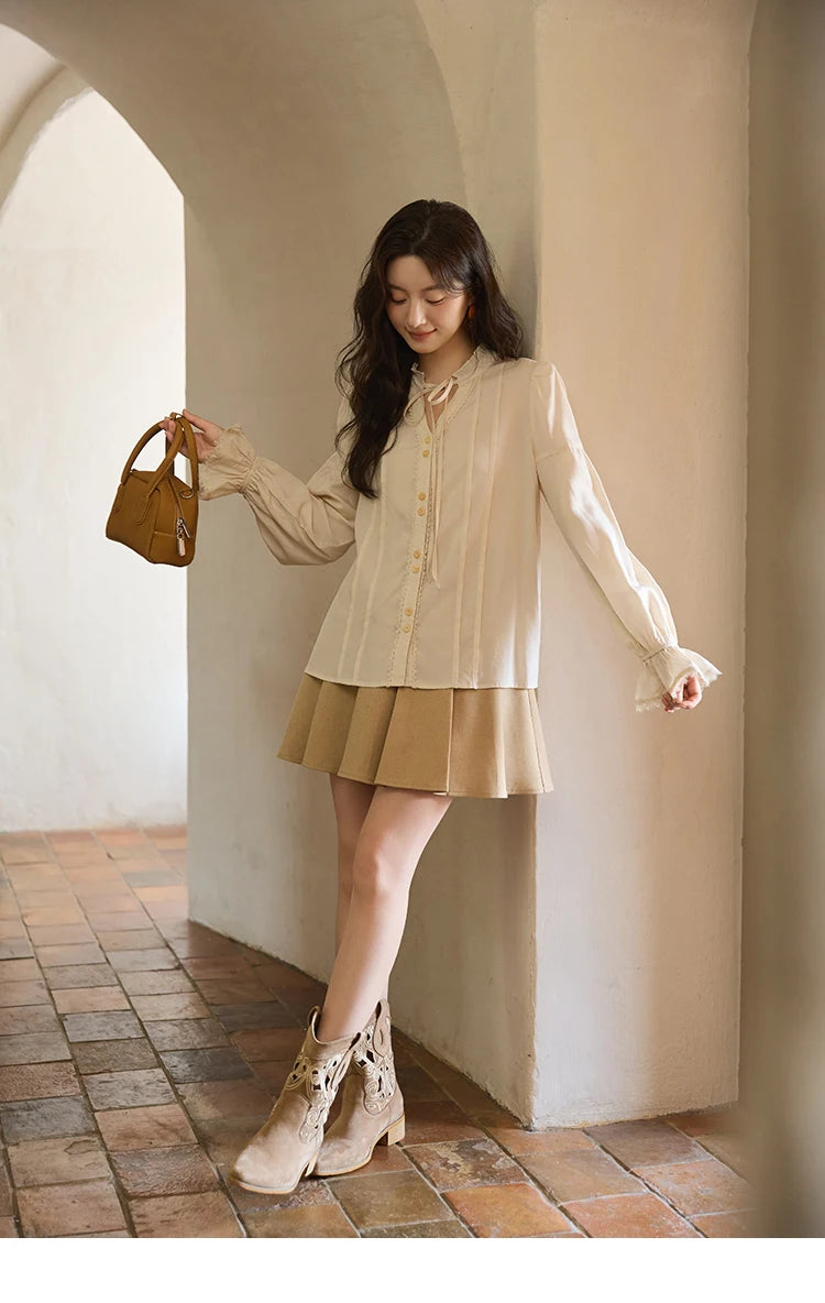 MISHOW French 100% Lyocell Apricot Shirt 2025 Autumn Flared Sleeves Lace Edges Shirts V-neck Slim Top Office Lady MXE41C2351