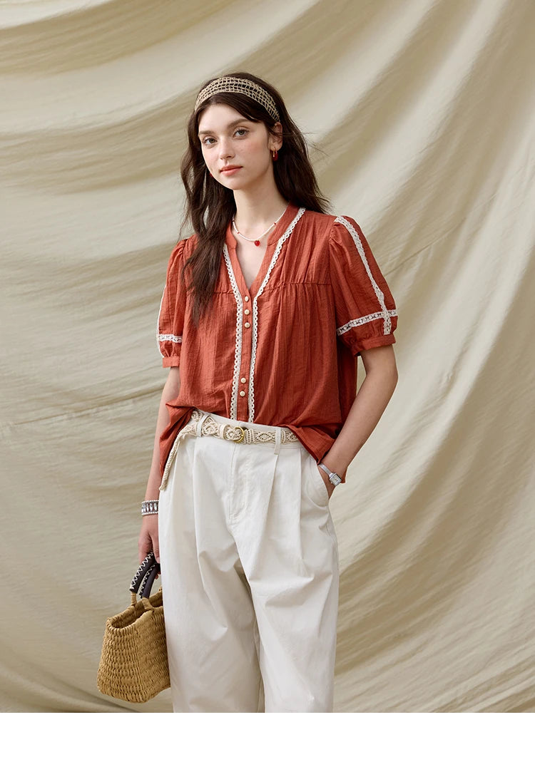 MISHOW French New Blouses Women Summer New 2025 Short Sleeve V-neck Color Matching Shirts Female Fashion Lazy Style MXE31X1766