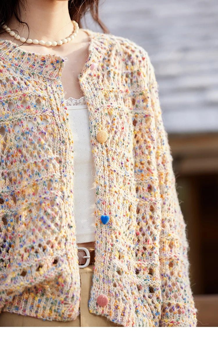 MISHOW Women's Sweet Woven Hollow Knitted Cardigan 2025 Spring Rainbow Button Single Breasted Top O-neck Cardigan MXE13Z1110