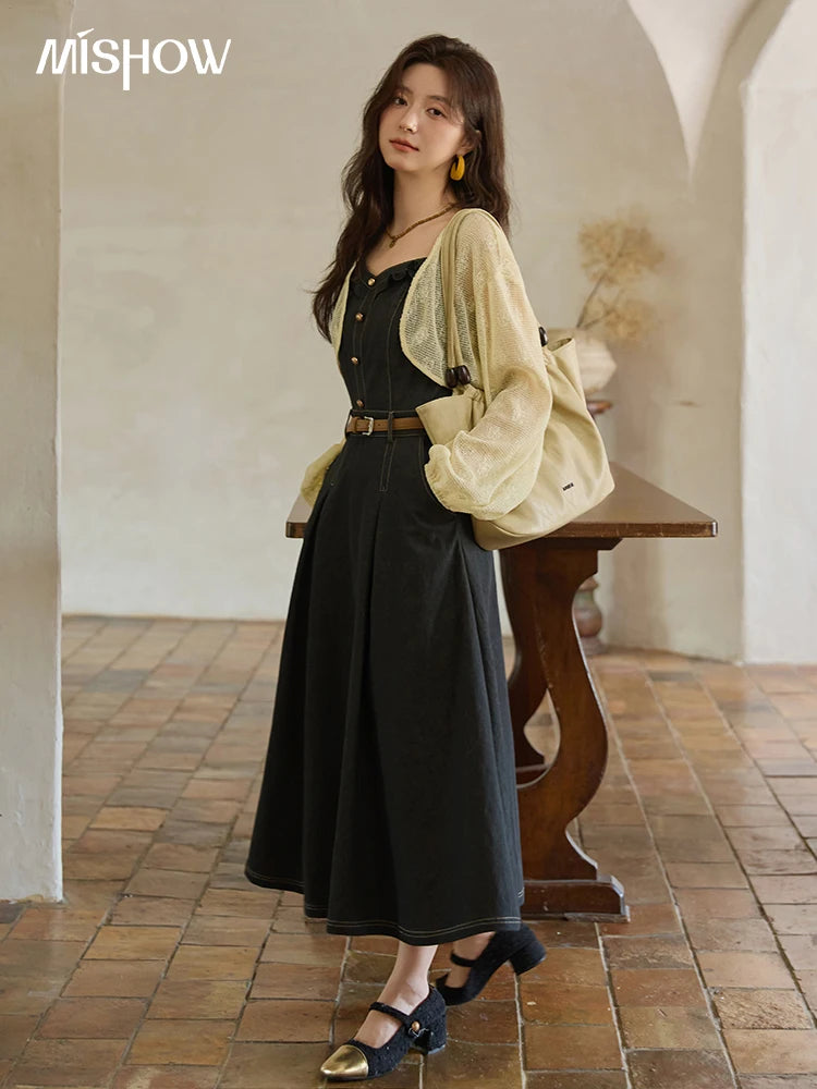 MISHOW Women's Two-Piece Set 2025 Lantern Sleeves Knitted Cardigan Imitation Denim Strap Dress Set With Belt Included MXE41T0704