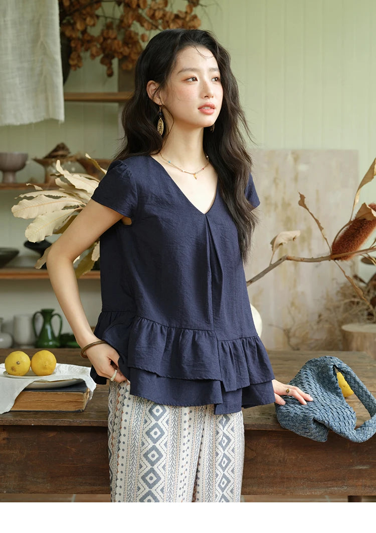 MISHOW Women's Two Piece Set 2025 Summer Spliced Lotus Leaf Edge V-neck Blouse Fashion Geometric Wide Leg Pants Set MXE39T0670