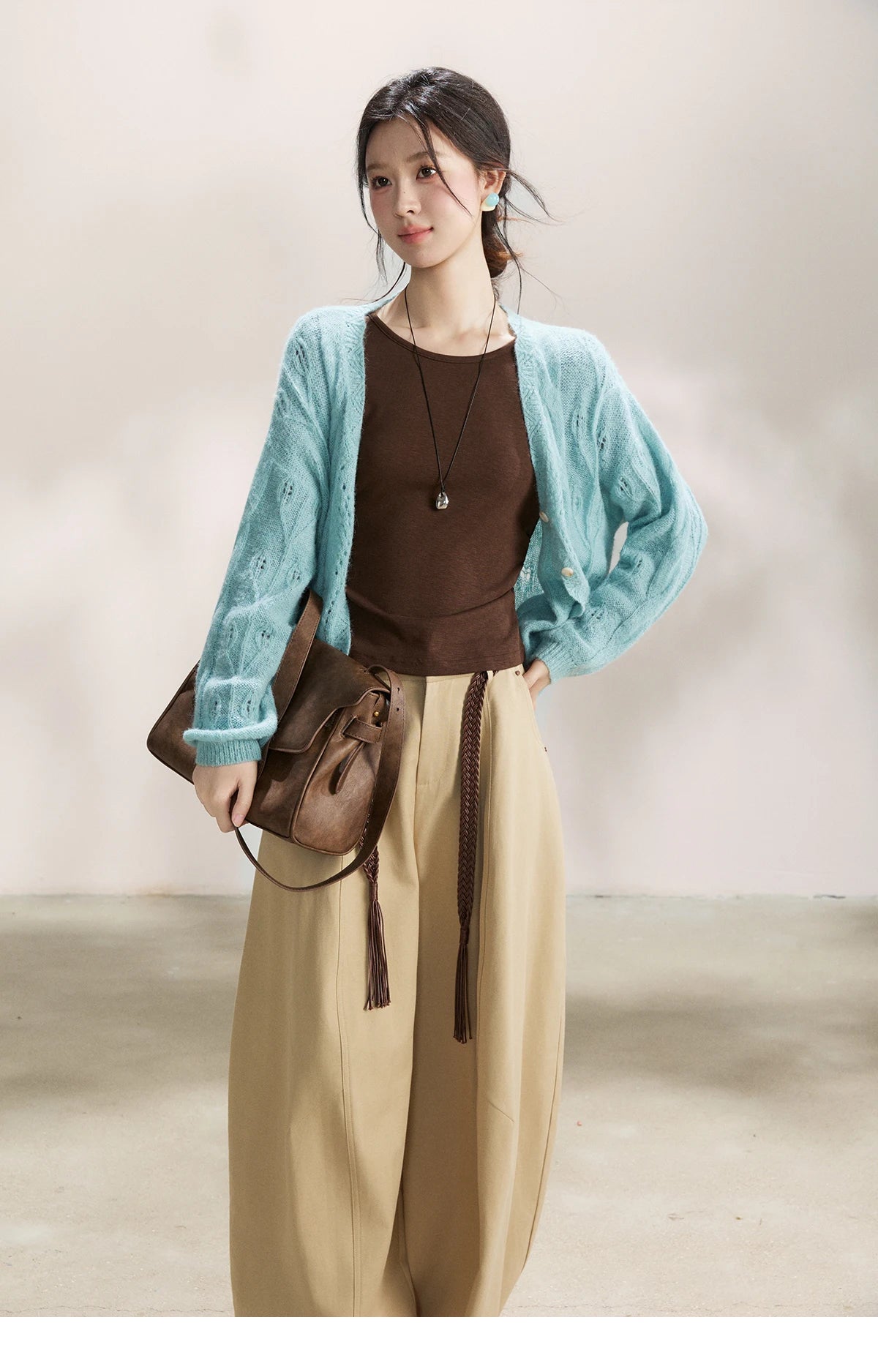 MISHOW Women's Blue Hollow Out Knit Cardigan 2026 Spring V Neck Wool Blend Tops Single Breasted Casual Thin Sweater MXF13Z2975