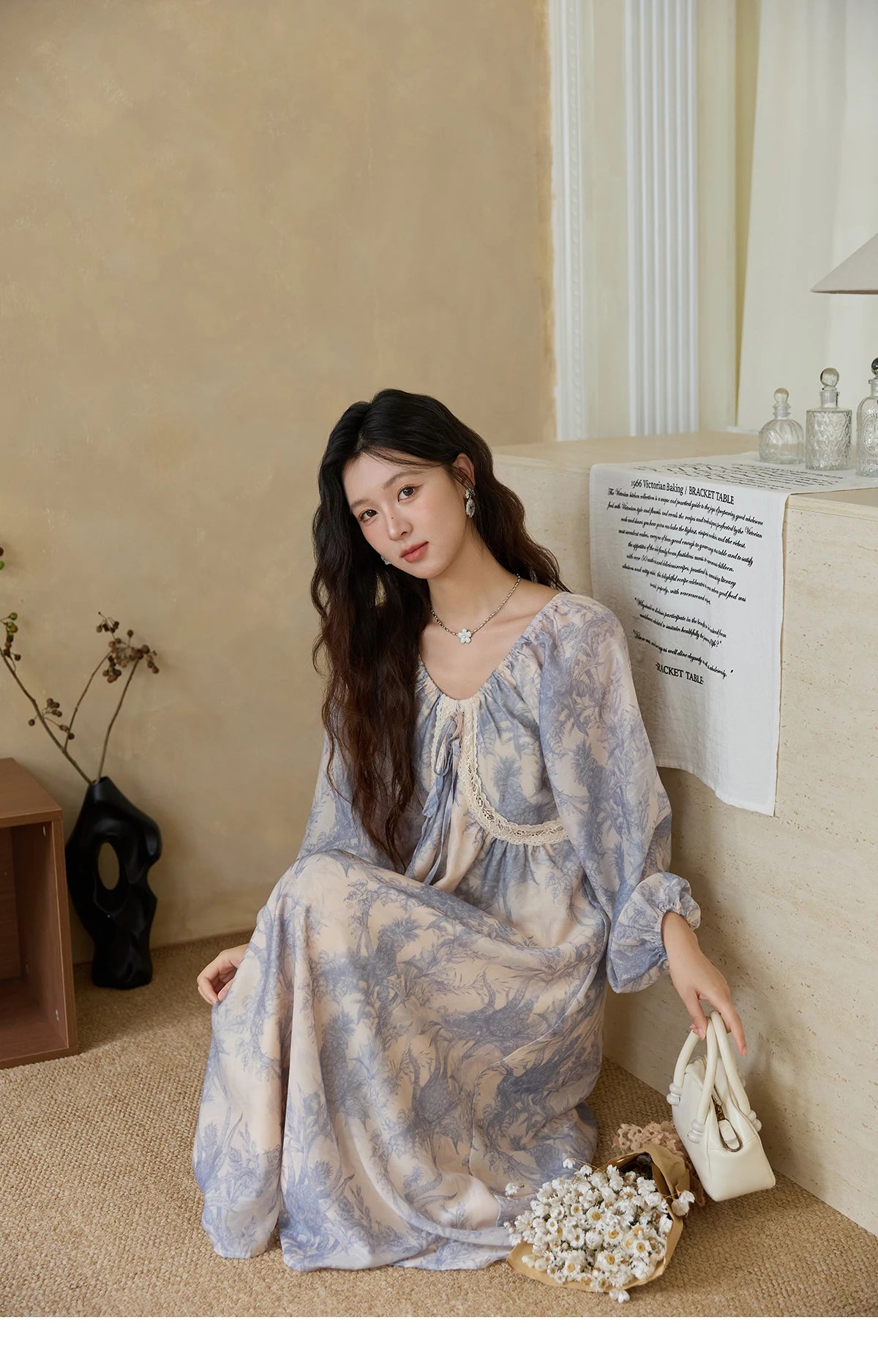 MISHOW Woman Elegant Dress 2025 Autumn Romantic Blue Floral Dress Lace Panel Drawstring A-line Long Dress Autumn MXE45L2507