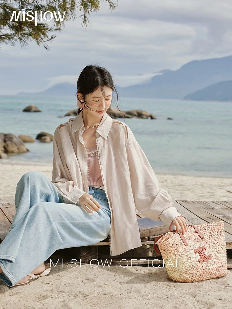 MISHOW Office Lady Summer Blouses Women 2025 New Striped Long Sleeve Turn-down Collar Shirt Female Fashion Loose Tops MXE33C0772