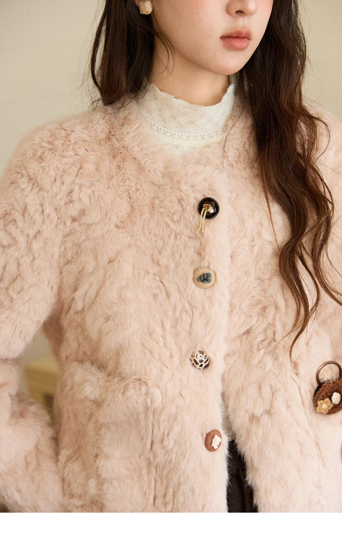 MISHOW Women's Winter Jacket 2025 Sweet Pink Faux Rabbit Fur Coat with Pockets Handcrafted Vintage Buttons Outerwear MXE87W0990