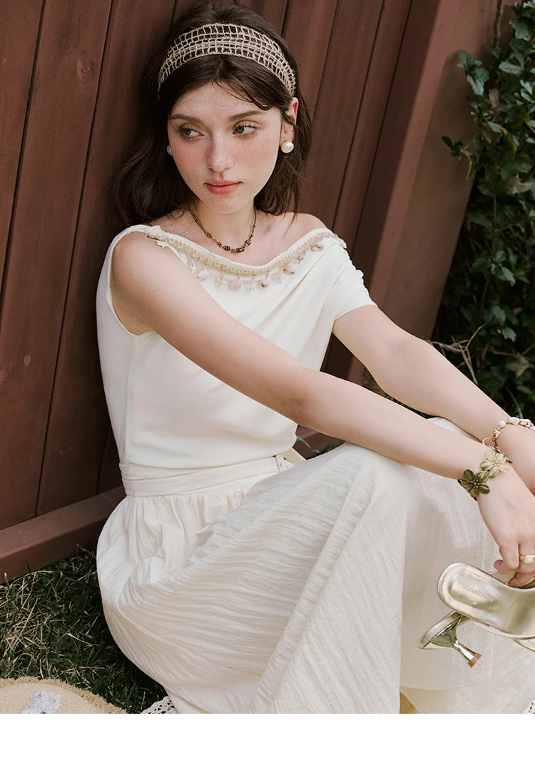 MISHOW Holiday Summer Dresses Women 2025 New Short Sleeve Shell Webbing Oblique Collar Slim Midi Dress Female Fashion MXE31L2189