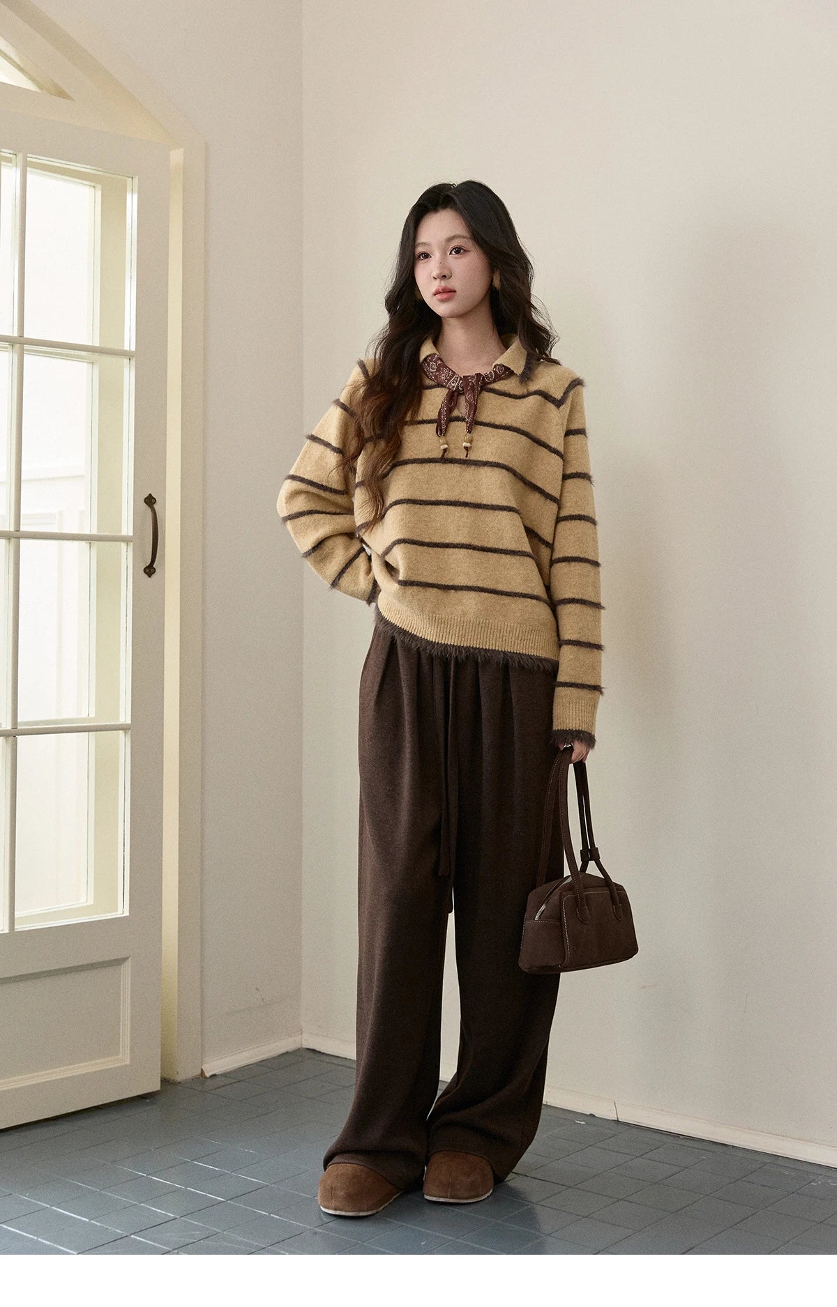 MISHOW Women's Faux Mink Fur Striped Sweater 2025 Winter Loose Lapel Tassel Hem Thickened Knitwwear Excluding Scarves MXE93Z2945