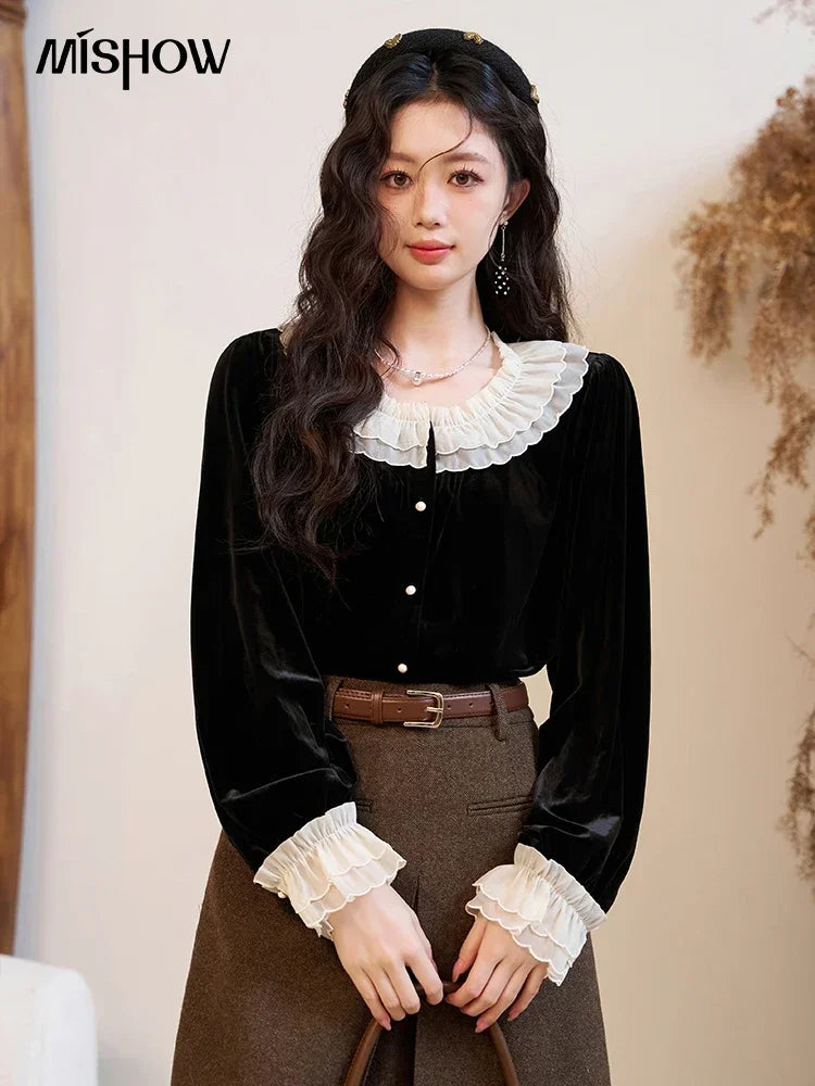 MISHOW French Retro Velvet Blouses for Women 2025 Autumn Winter Button Down O Neck Korean Long Sleeve Shirt Tops MXC51X1323