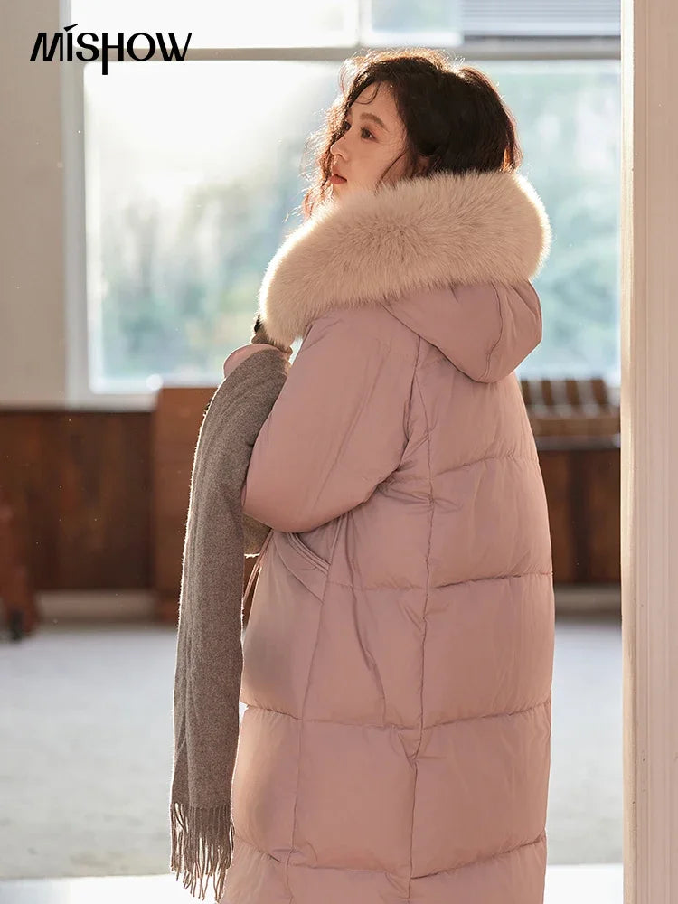 MISHOW Long Hooded Down Coats Fox Fur Collar Bread Jacket Duck Down Quilt Clothing 2024 Winter Women Thickened Coat MXD56Y0054