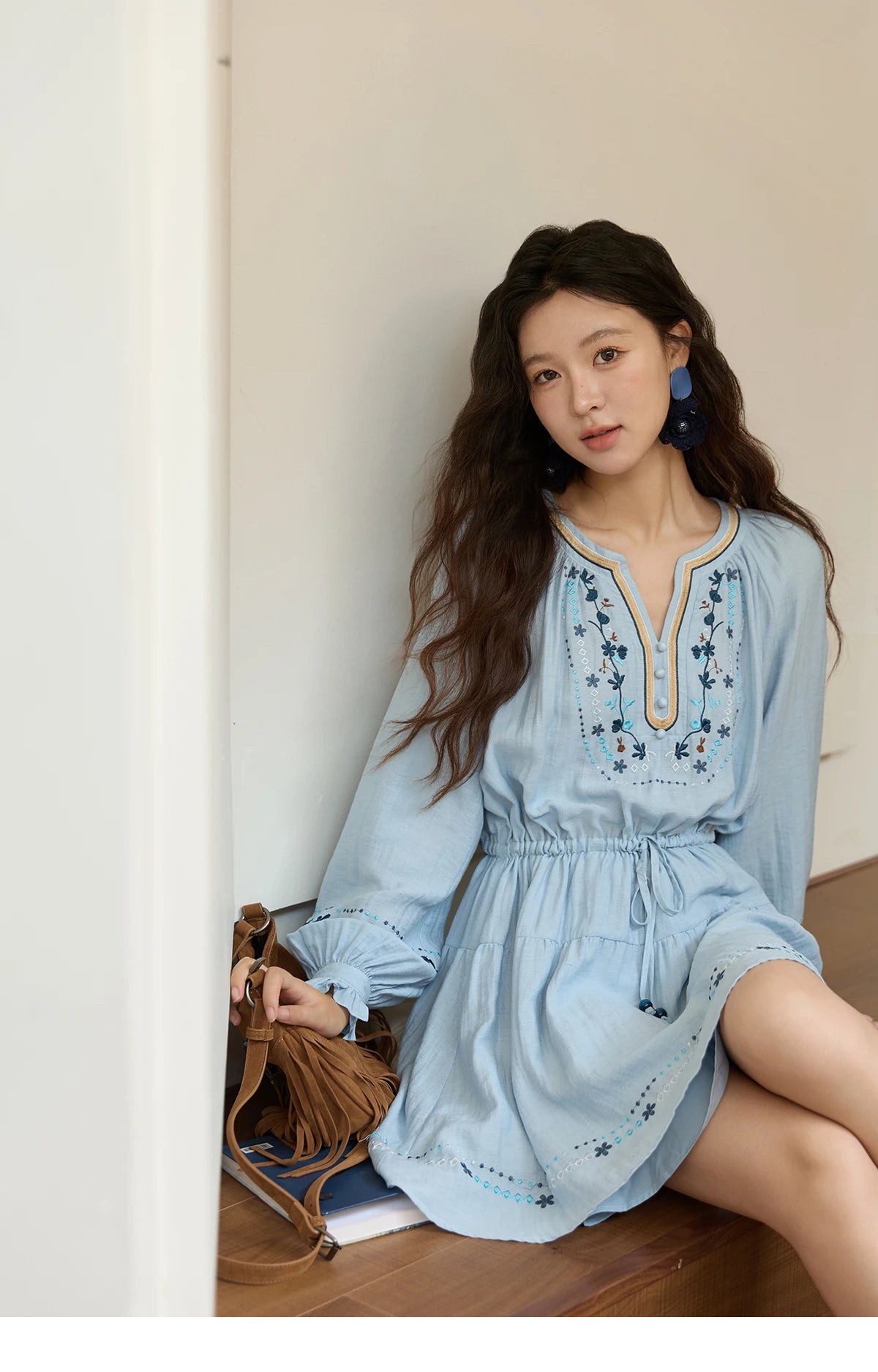 MISHOW Woman Long Sleeve Dress Autumn Elegant V-neck Embroidered Drawstring Waist Dress A-line Bohemian Midi Dresses MXE44L2489