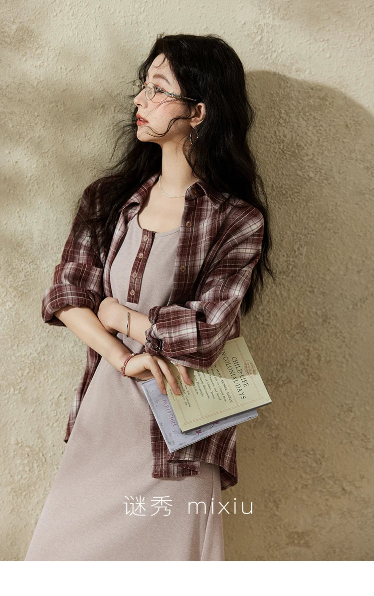 MISHOW Women's Plaid Shirt Grey Vest Dress Separately Spring Lapel Collar Shirt U-neck Sleeveless Dresses (Not A Set) MXE13L2093