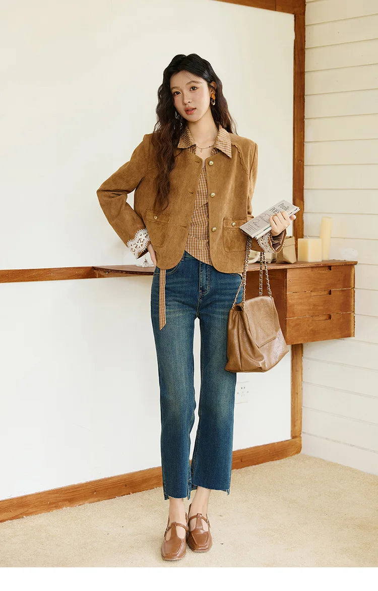 MISHOW Women's 100 Cotton Dark Orange Plaid Shirt  Autumn Design Side Waist Lace-up Long Sleeved Shirts Office Lady MXE46X2494