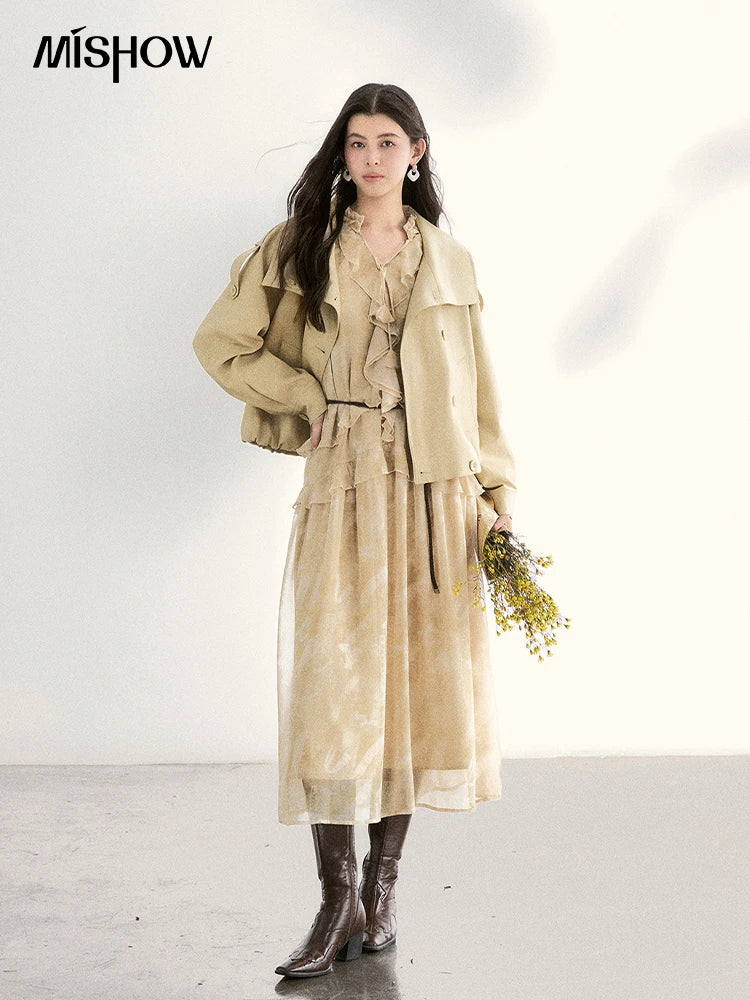MISHOW Light Yellow Chiffon Maxi Dress 2026 Spring V-Neck Ruffled Belted Floral Print Casual Long Sleeve Dresses MXF11L2554