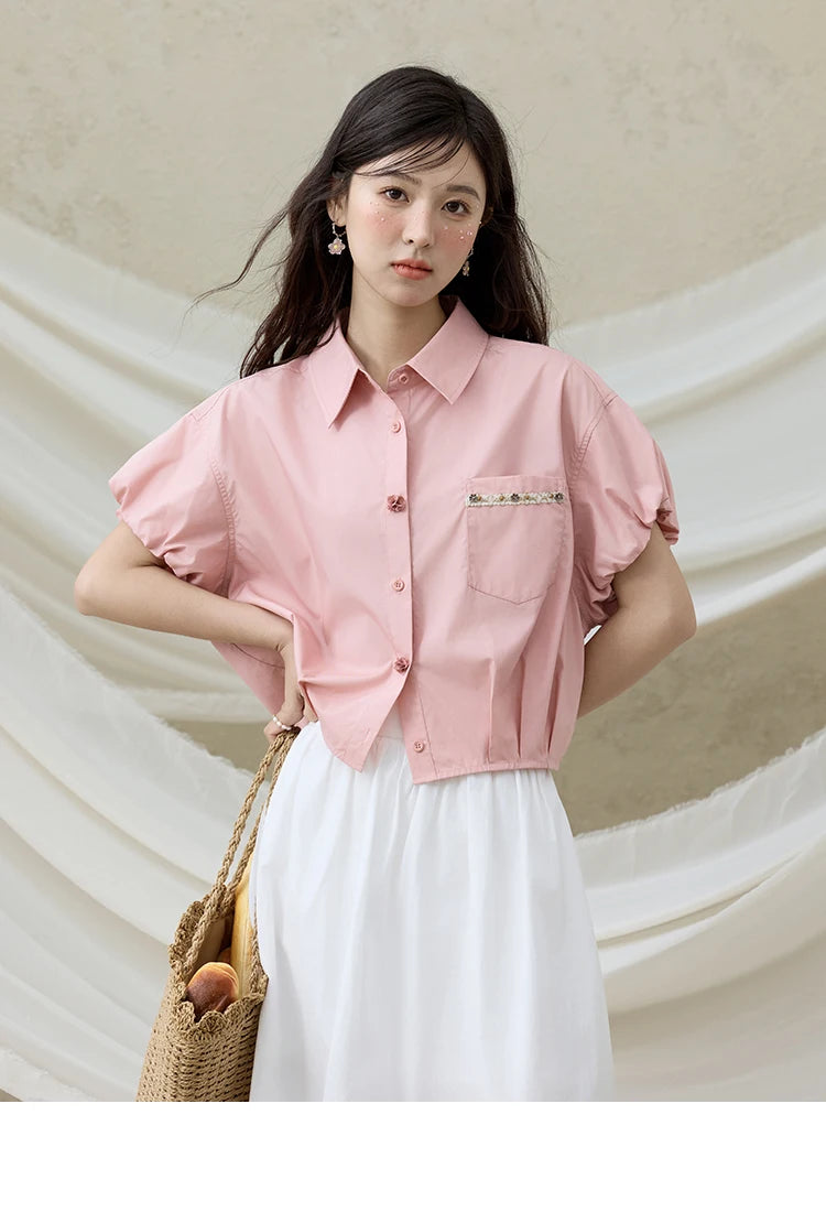 MISHOW Casual Summer Blouses Women 2025 New Short Puff Sleeve Turn Down Collar Shirt Female Fashion Shell Ribbon Tops MXE33C0773