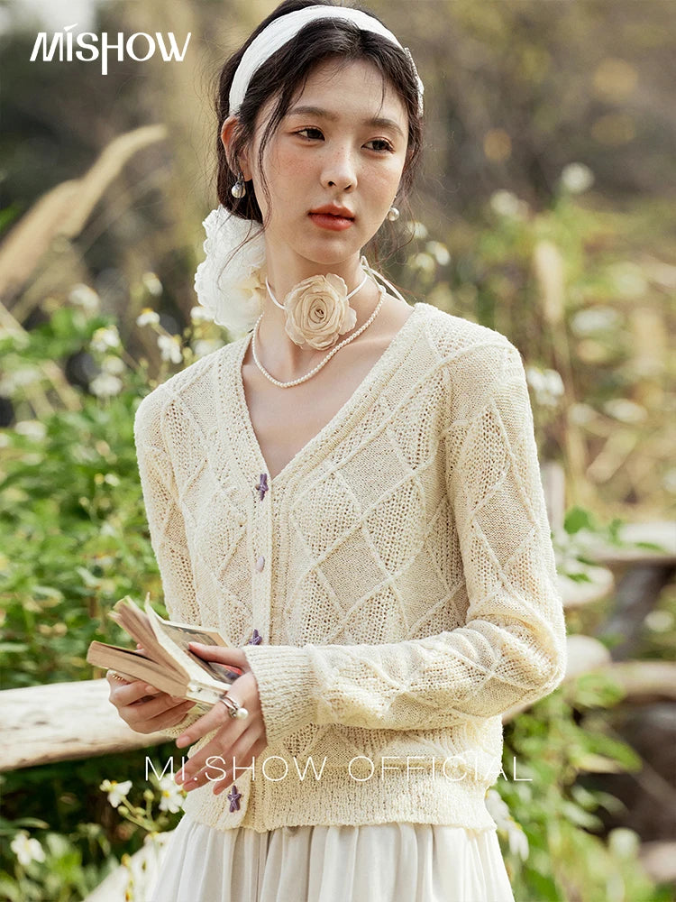 MISHOW Square Pattern Knitted Sweater for Women Spring Summer 2025 V-neck Tops Colorful Starfish Buckle Lazy Cardigan MXE16Z1213