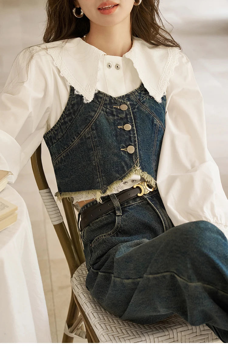 MISHOW American Retro Denim Suspender Tank Top 2024 Spring Single Breasted Sleeveless Short Vest Top Outerwear MXD12D0025