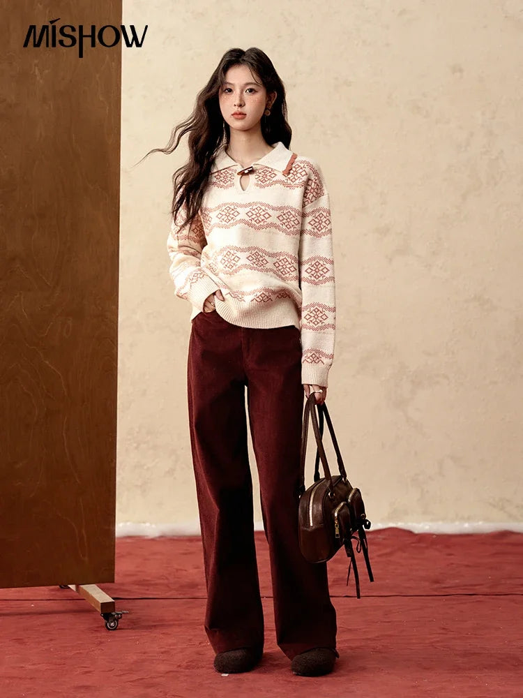MISHOW Fair Isle Knitting Sweater Women Christmas Turn Down Collar Pullovers Versatile Soft Warm Office Lady Warm Top MXD59Z1042