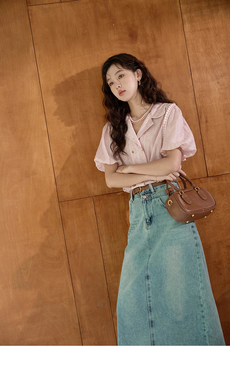 MISHOW Retro Pink Short Sleeved Shirt 2024 Summer V-neck Folded Ruffled Edge Top Elastic Cuffs Lapel Neck Blouses MXD29C0273