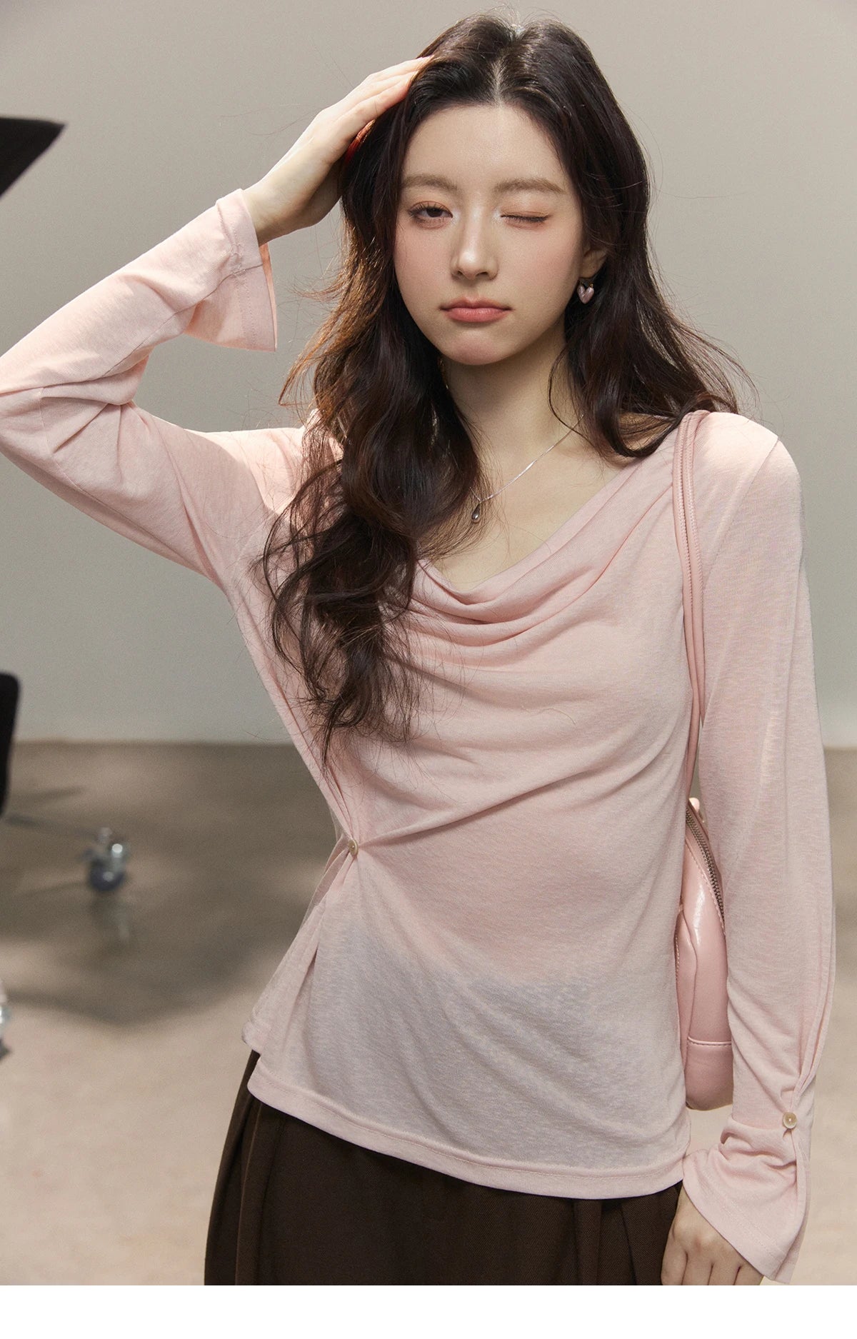 MISHOW Women's Multi Colored Knitted Top 2026 Spring Swinging Collar Flare Sleeve Top Side Twist Whist Casual T-Shirt MXF13T1473