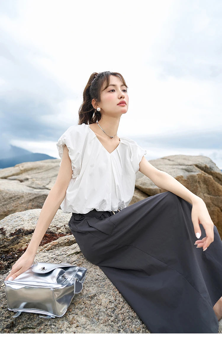 MISHOW Soft Blouses for Women 2025 Summer French Rear Collar Tie Up Solid Short Sleeve Solid V Neck Puff Sleeve Tops MXC38X1275