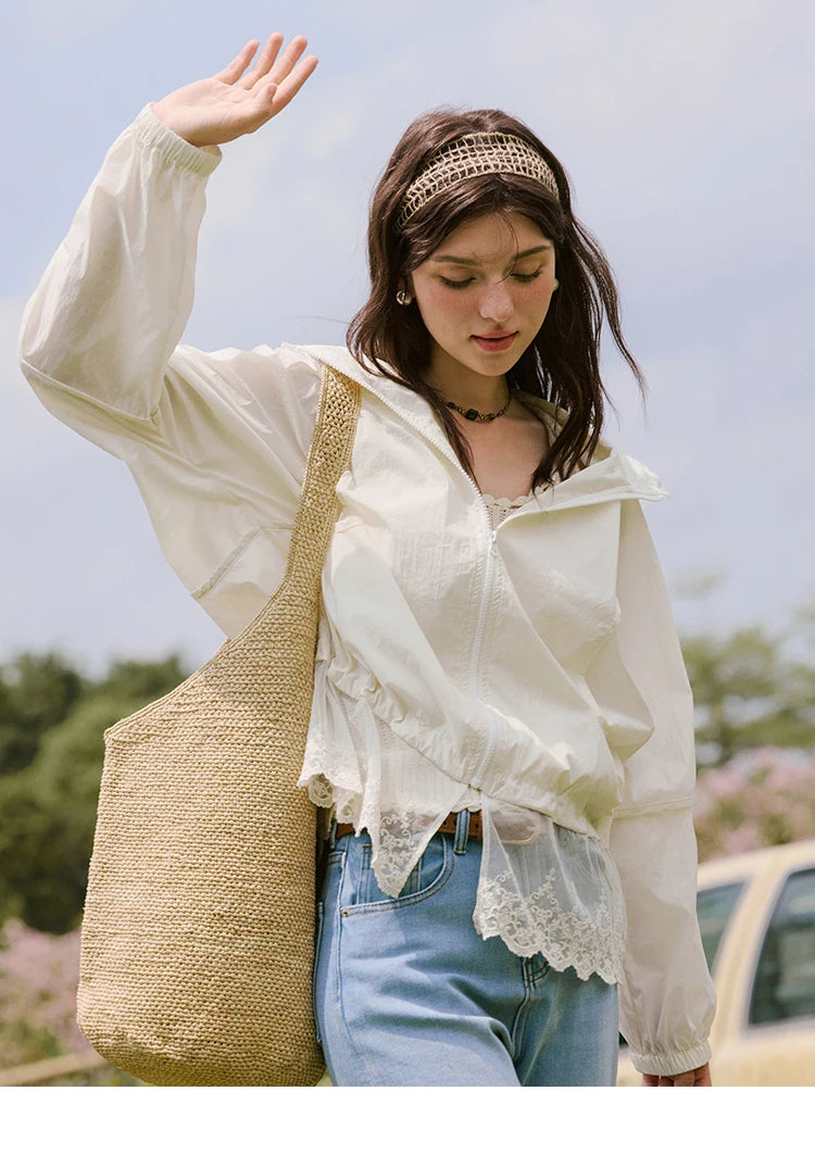 MISHOW Sunscreen Summer Coat Women New 2025 Long Sleeve Hooded Solid Lace Loose Cardigan Female Thin Breathable MXE33W0780