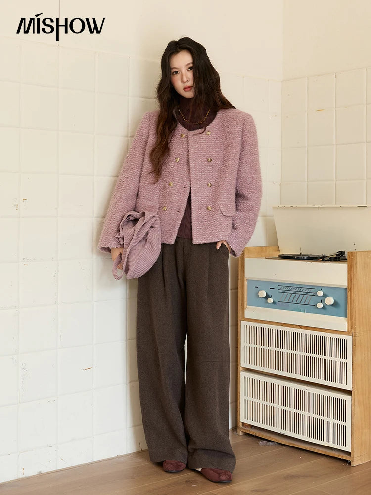 MISHOW Wool Coat Woman 2025 Purple Luxury O-neck Double-breasted Tweed Coat Commute Short Jacket Winter Clothes MXE88W0881
