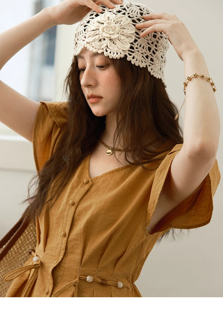 MISHOW Women's Petal Sleeve Slim Shirt 2025 Summer New V-neck Button Bead belt Black Fungus Edge Top Ladies Clothing MXE39X1881