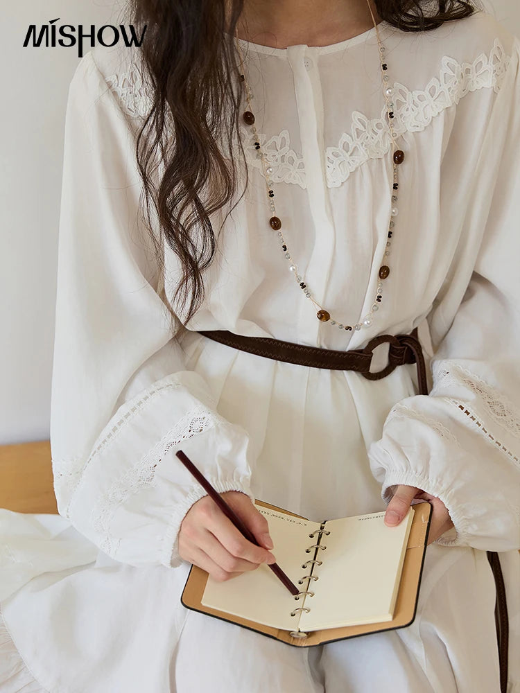 MISHOW Woman White Dress 2025 Autumn French Style O-neck Lace Ruffled Lantern Sleeves Dress Long Sleeves Party Dress MXE46L2519