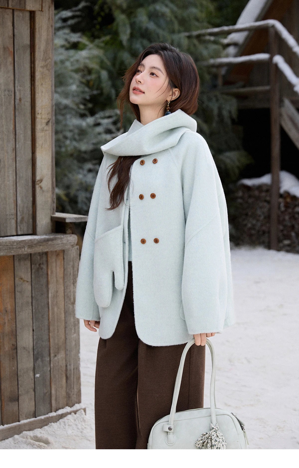 MISHOW 100% Wool Mint Green Double-sided Woolen Coats for Women Winter 2025 Warm Loose Coat with 2-in-1 Scarf Gloves MXE92W1014