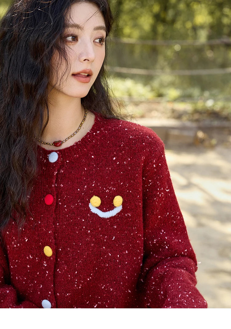 Mishow Smile Embroidery Contrast Color Wool Cardigan MXD35Z0988