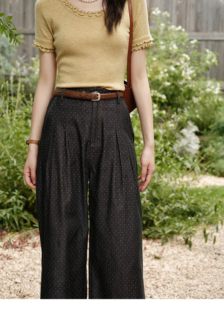 MISHOW Women's Fashion Polka Dot Pants Summer 2025 New High Waist Straight Pants Casual Button Zipper Wide Leg Jeans MXE38K0956