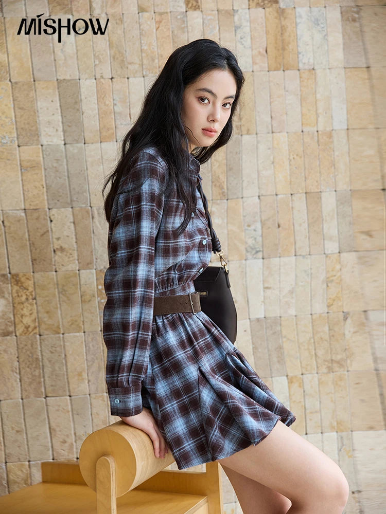 MISHOW Women's Blue Plaid Short Dress 2025 Autumn Retro Turn-down Collar Waist-Cinched Long Sleeve Dress with Belt MXE48L2525