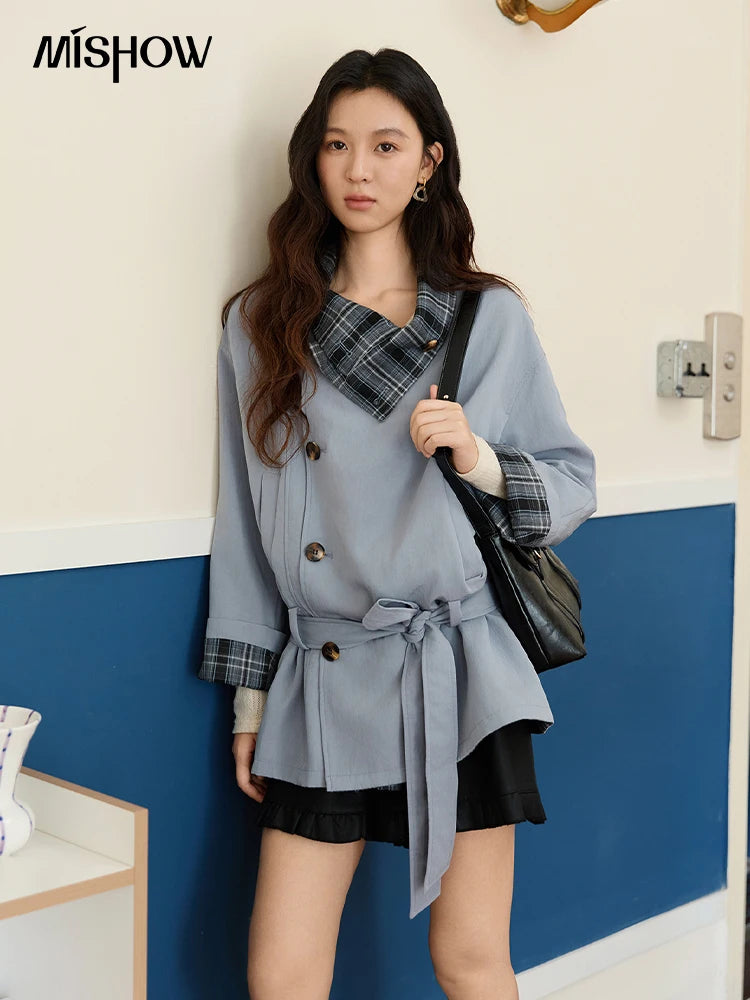 MISHOW Two Sided Outerwear Trench for Women Autumn Winter 2025 Blue Plaid Patchwork Diagonal Placket Belt Trench MXE48W0871
