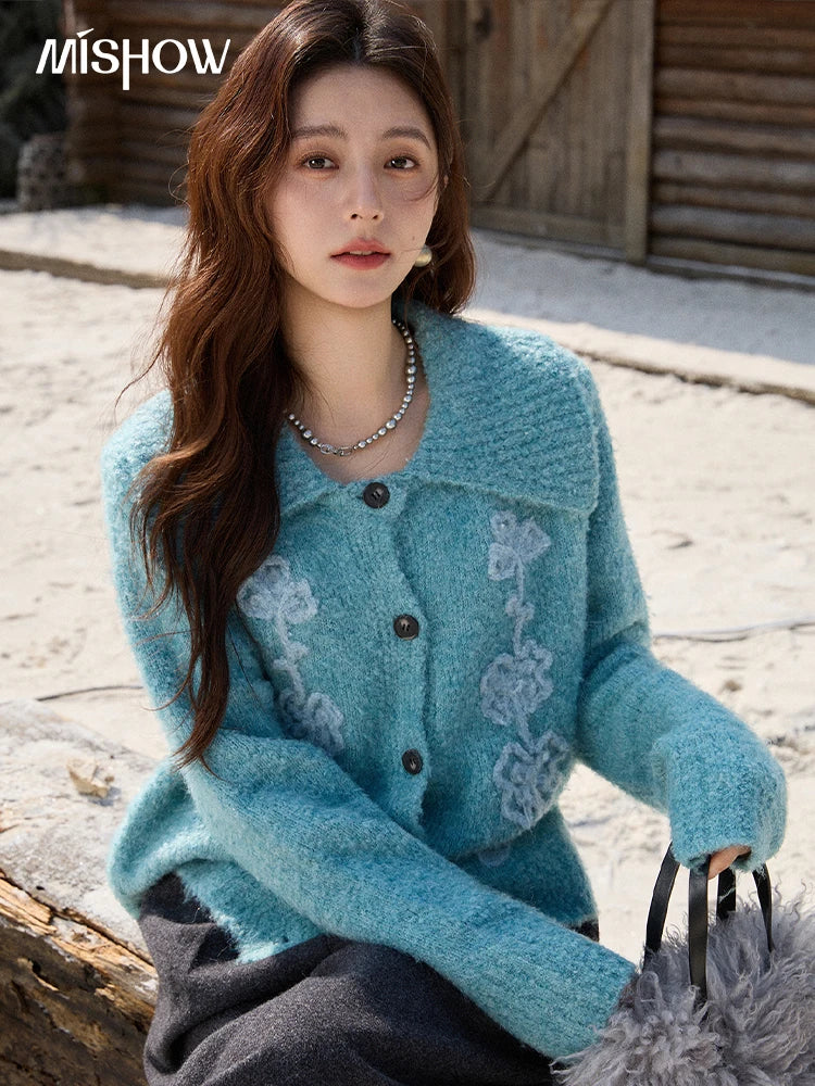 MISHOW Retro Three-dimensional Floral Jacquard Sweater for Women 2025 Autumn Winter Lapel Thickened Knitted Cardigan MXE87Z2684