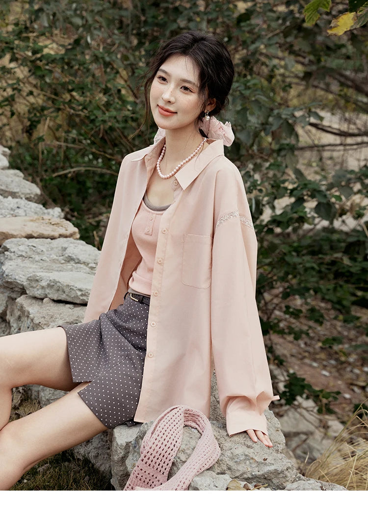 MISHOW Pink Long Sleeve Shirt for Women Spring 2025 Korean Splicing Lace Bow Tie Shirt Polo-neck Solid Versatile Tops MXE16C0767