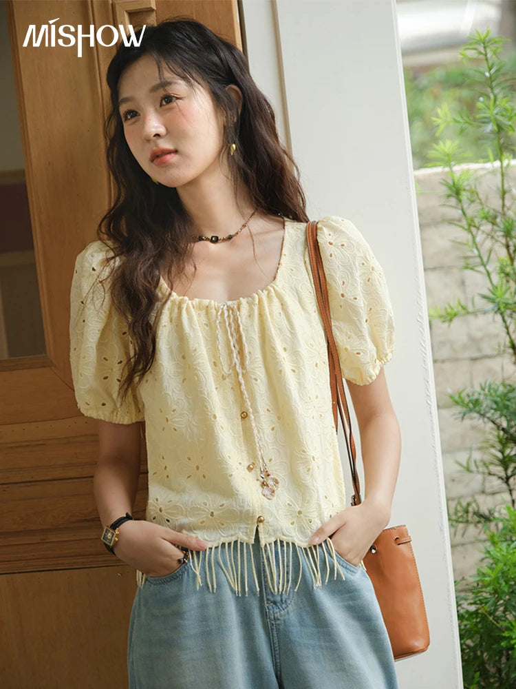 MISHOW Women's Fashion Hollow Out Blouse Summer 2025 Embroidery Puff Sleeve Square Collar Tassel Ladies Casual Top MXE37X1851