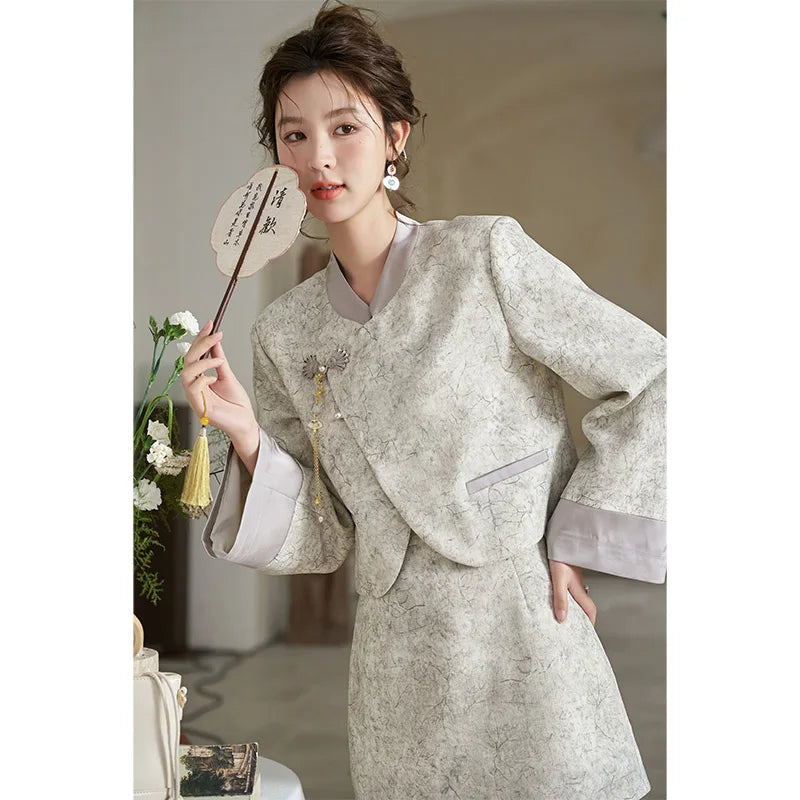 MISHOW Chinese Stand Up Collar Jacket A-line Skirt Separately Spring Textured Glossy Jacquard Irregular Placket Top MXD15W0373