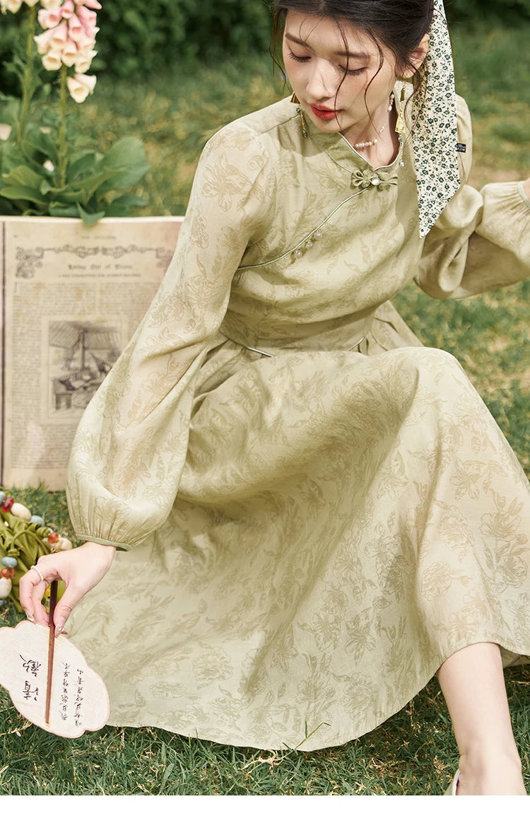 MISHOW Retro Chinese Improved Cheongsam Dress 2024 Spring Chiffon Printing Green Puff Sleeve Stand Neck Waist Dresses MXD14L1767