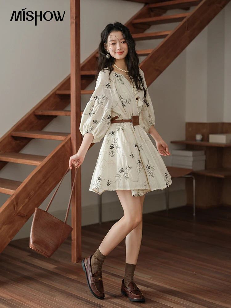 MISHOW Embroidered Doll Dress 2025 Seven Cent Lantern Sleeve Dress O-neck Tassel Lace-up Cotton Dress with Waist Belt MXE41L2480